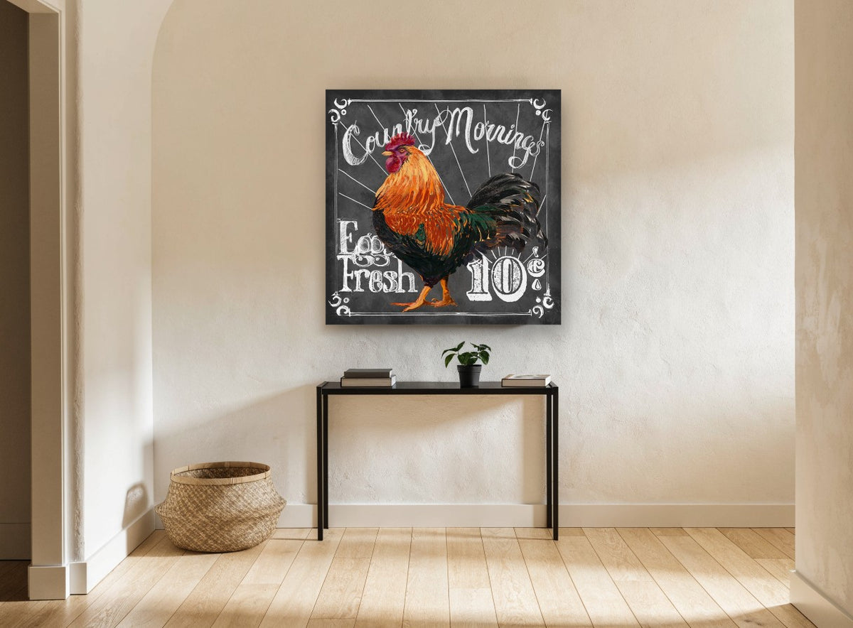 Country Mornings Rooster animal canvas print on the wall of a hallway
