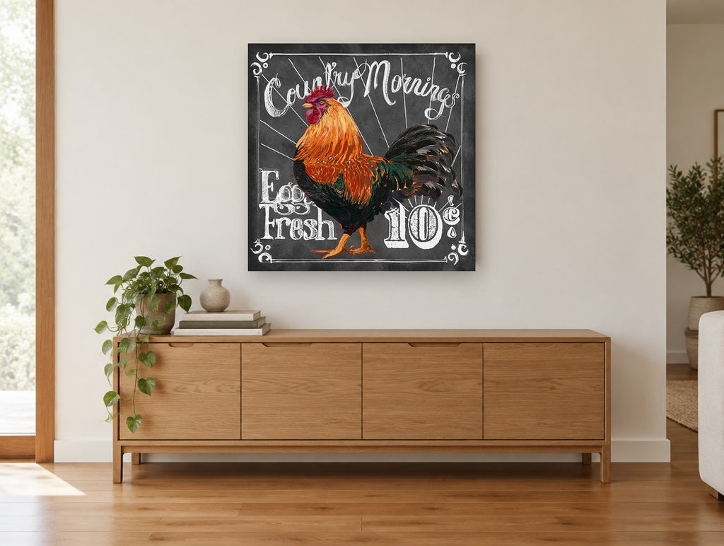 Country Mornings Rooster animal canvas print on the wall of a living room above a sideboard