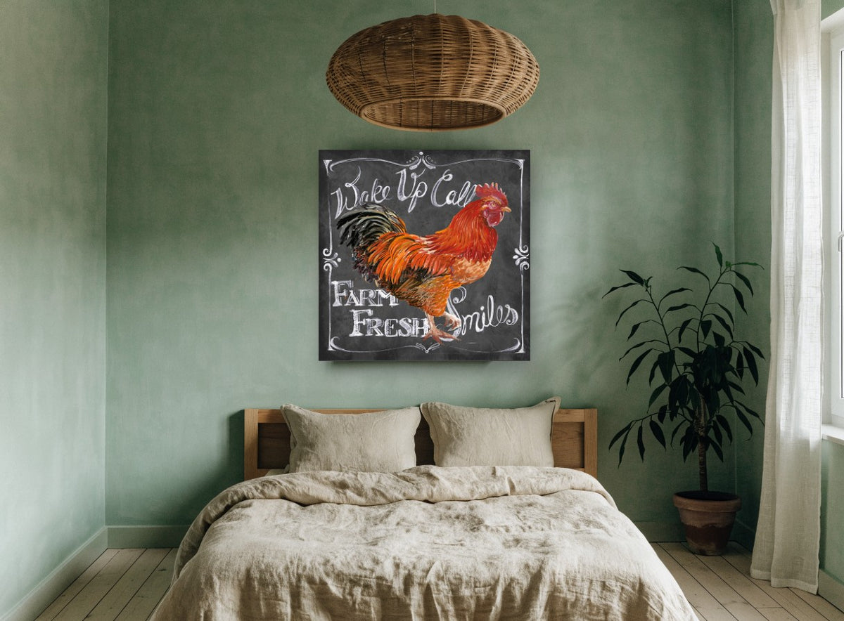 Chalkboard Rooster Call animal canvas print on the wall of a bedroom