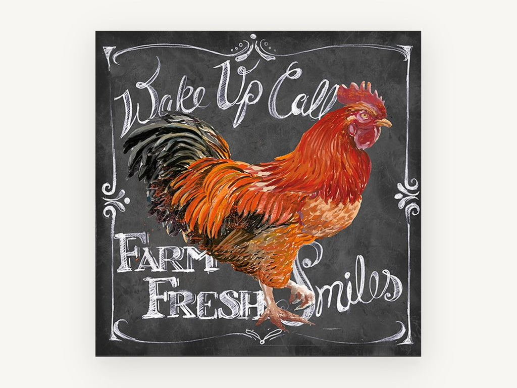 Chalkboard Rooster Call, rooster chalkboard typography illustration, animal canvas wall art print, front view