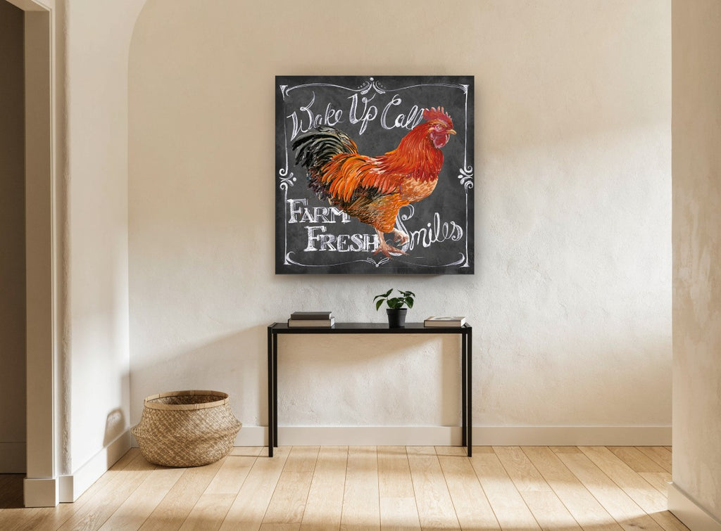 Chalkboard Rooster Call animal canvas print on the wall of a hallway