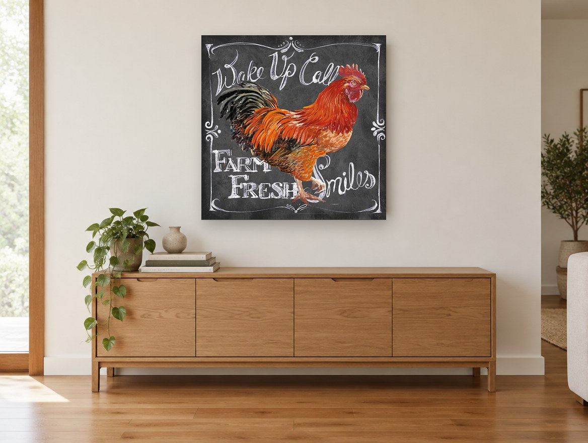 Chalkboard Rooster Call animal canvas print on the wall of a living room above a sideboard
