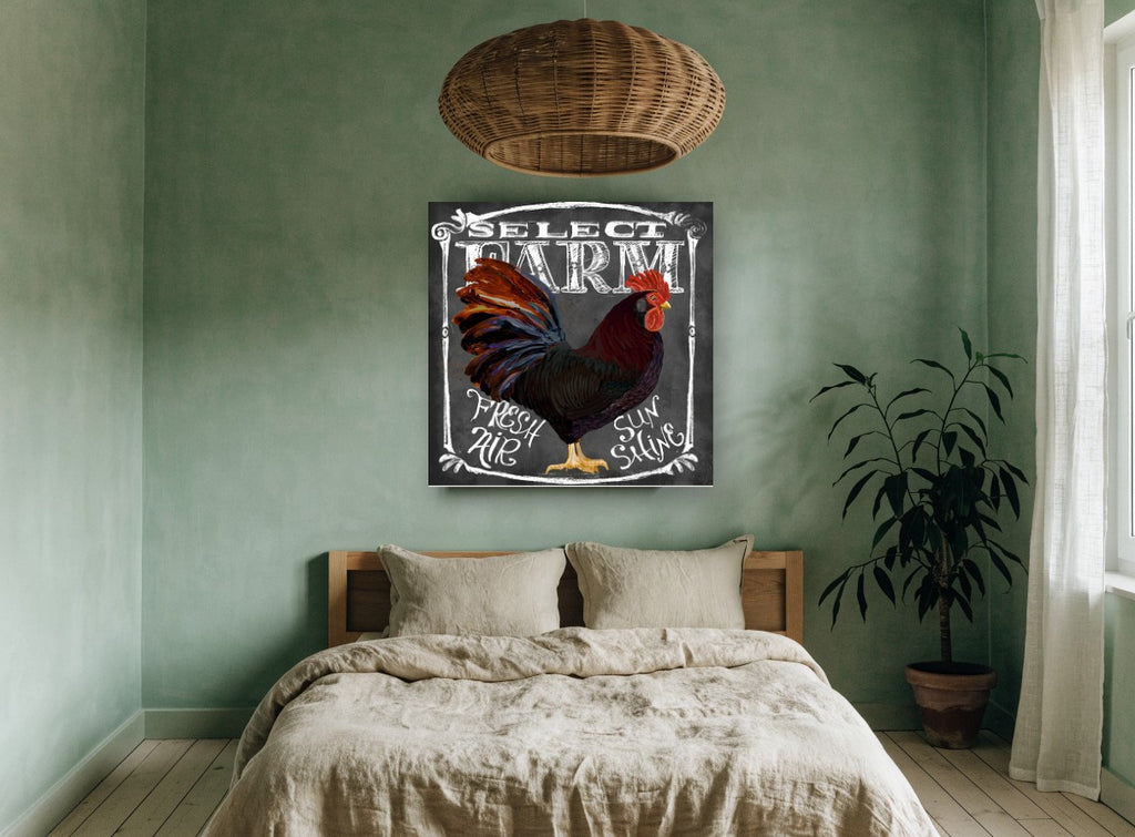 Chalkboard Rooster Farm Sign animal canvas print on the wall of a bedroom