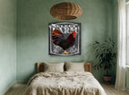 Chalkboard Rooster Farm Sign animal canvas print on the wall of a bedroom