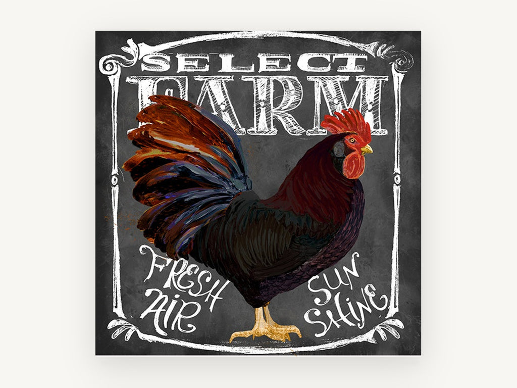 Chalkboard Rooster Farm Sign, rooster chalkboard typography illustration, animal canvas wall art print, front view