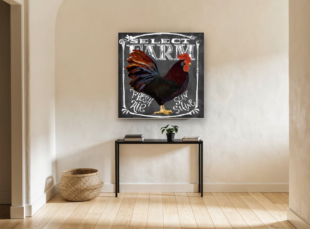 Chalkboard Rooster Farm Sign animal canvas print on the wall of a hallway