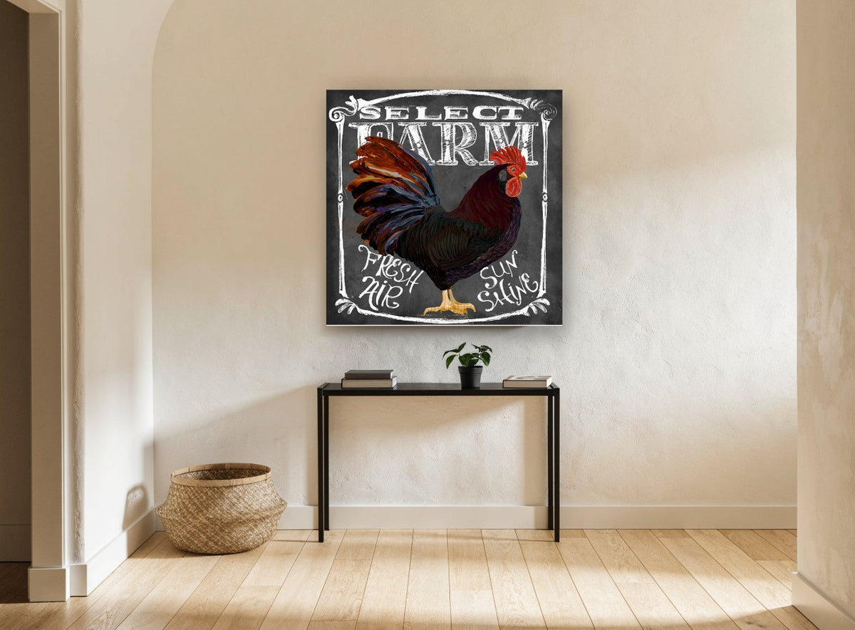 Chalkboard Rooster Farm Sign animal canvas print on the wall of a hallway
