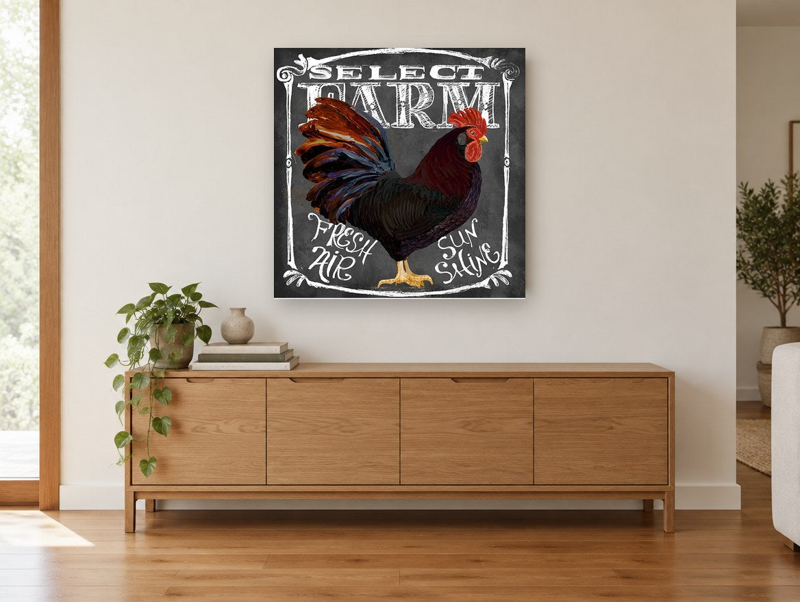 Chalkboard Rooster Farm Sign animal canvas print on the wall of a living room above a sideboard