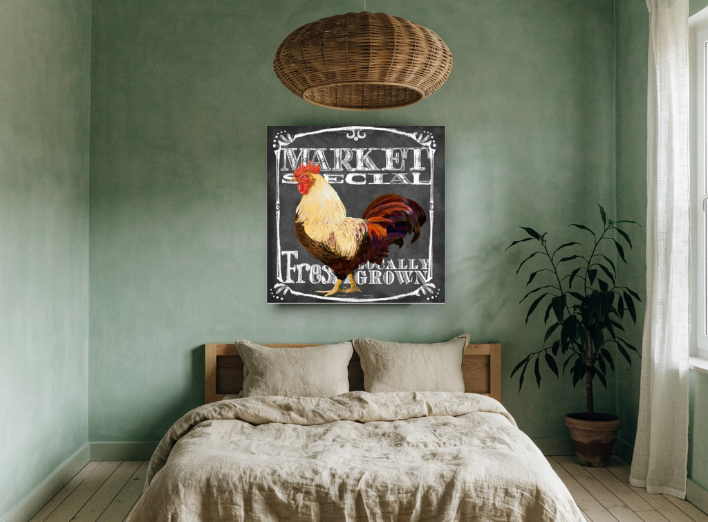 Market Rooster Chalkboard animal canvas print on the wall of a bedroom
