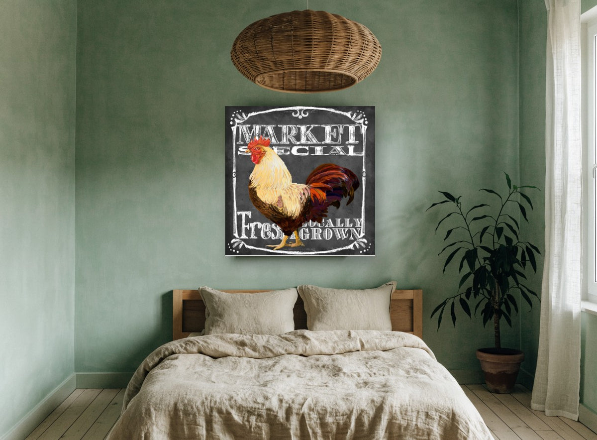 Market Rooster Chalkboard animal canvas print on the wall of a bedroom