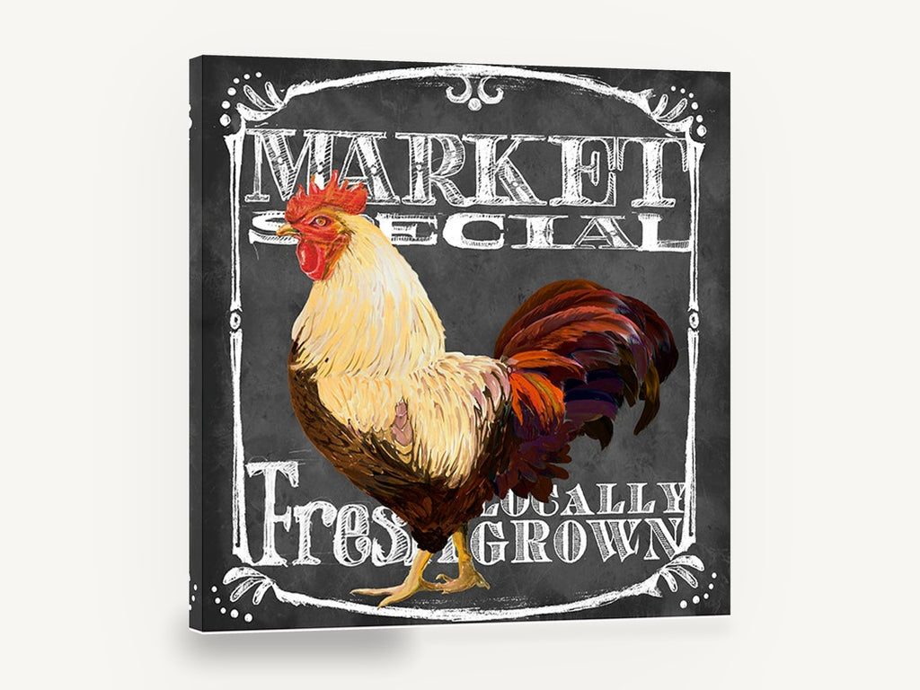 Market Rooster Chalkboard, rooster chalkboard typography illustration, animal canvas wall art print ready to hang