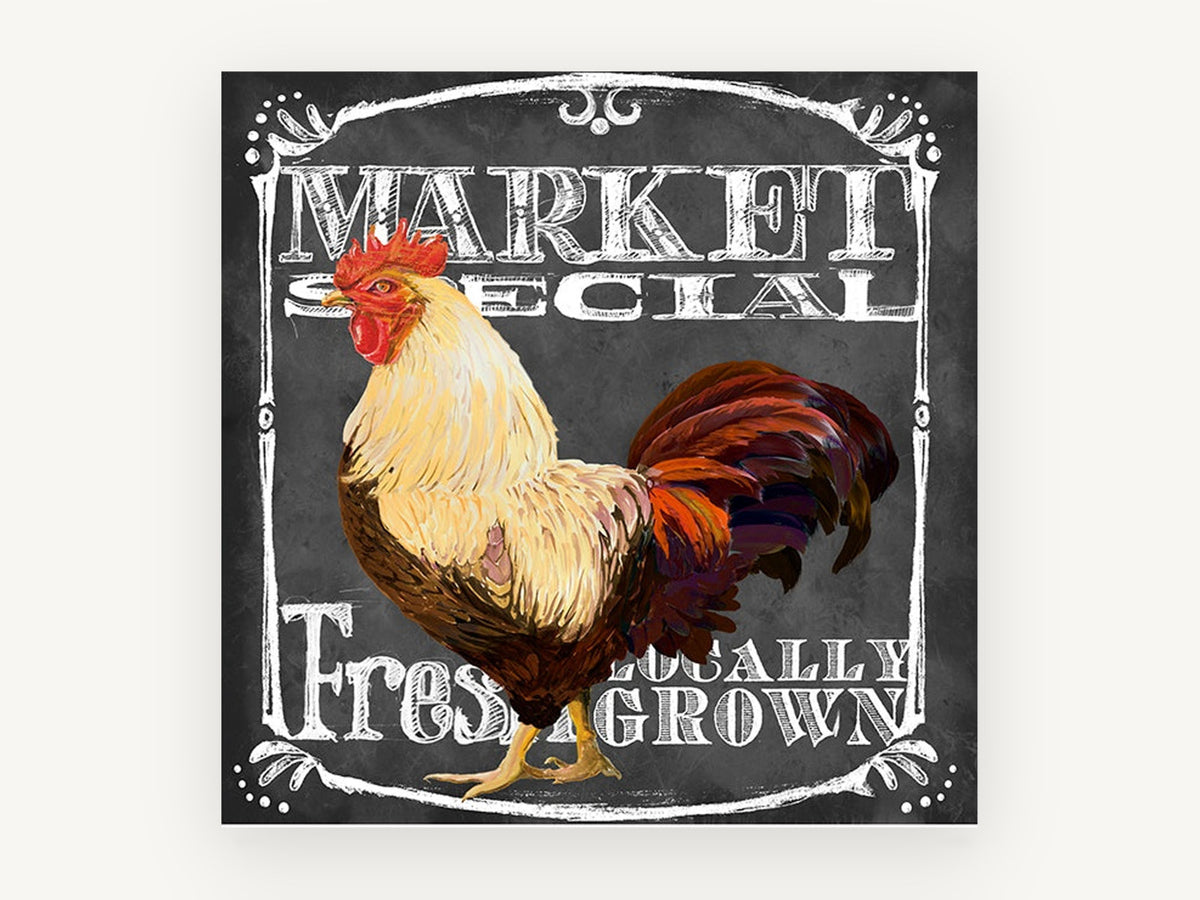 Market Rooster Chalkboard, rooster chalkboard typography illustration, animal canvas wall art print, front view