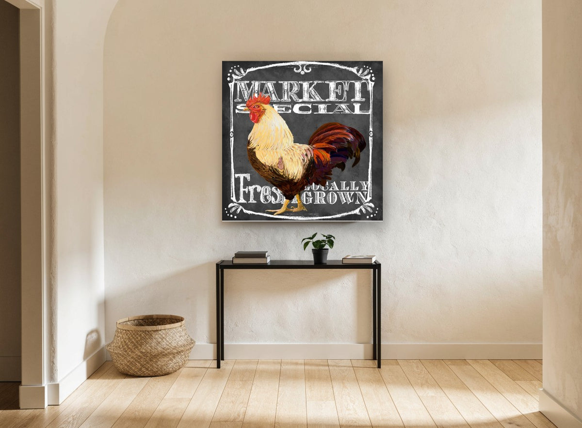 Market Rooster Chalkboard animal canvas print on the wall of a hallway