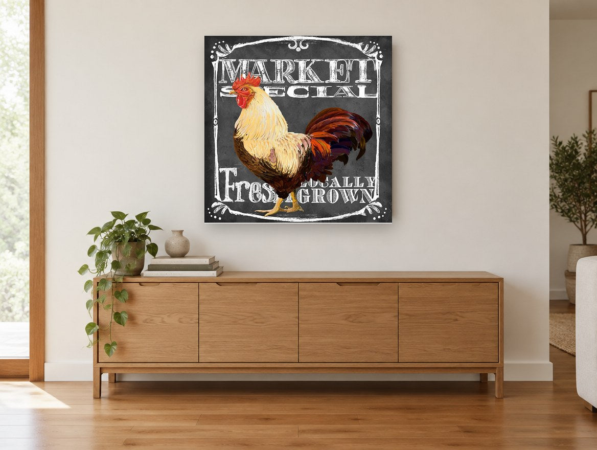 Market Rooster Chalkboard animal canvas print on the wall of a living room above a sideboard