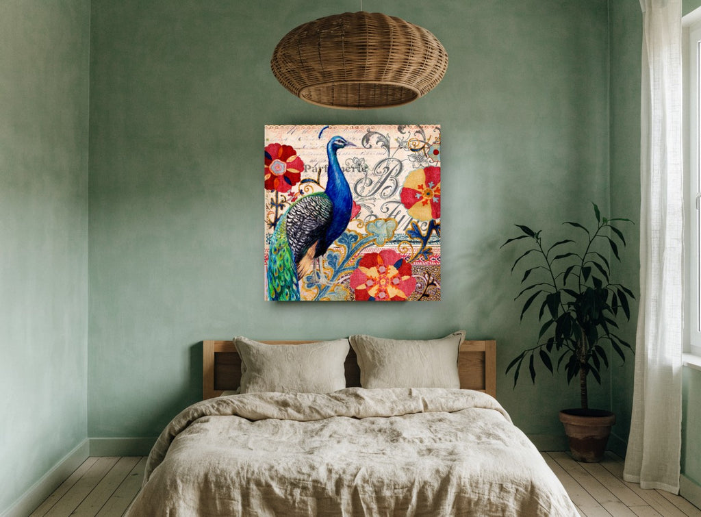 Peacock Parfumerie Collage animal canvas print on the wall of a bedroom