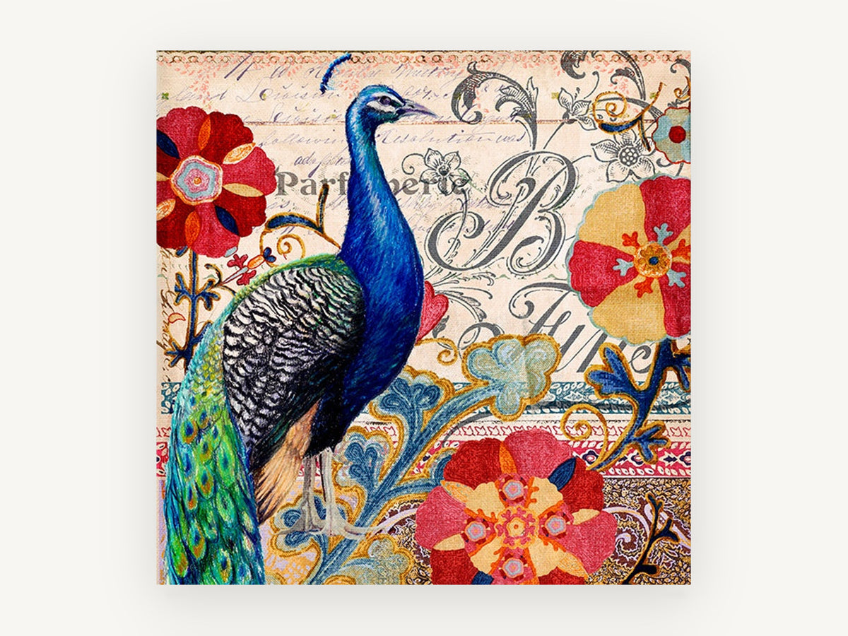 Peacock Parfumerie Collage, peacock floral vintage illustration, animal canvas wall art print, front view