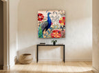 Peacock Parfumerie Collage animal canvas print on the wall of a hallway