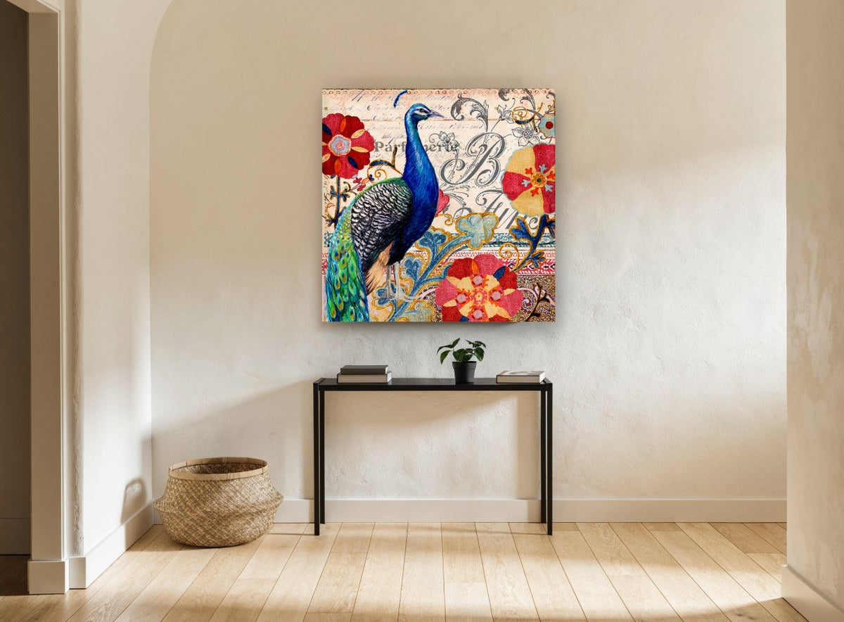 Peacock Parfumerie Collage animal canvas print on the wall of a hallway