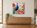 Peacock Parfumerie Collage animal canvas print on the wall of a living room above a sideboard