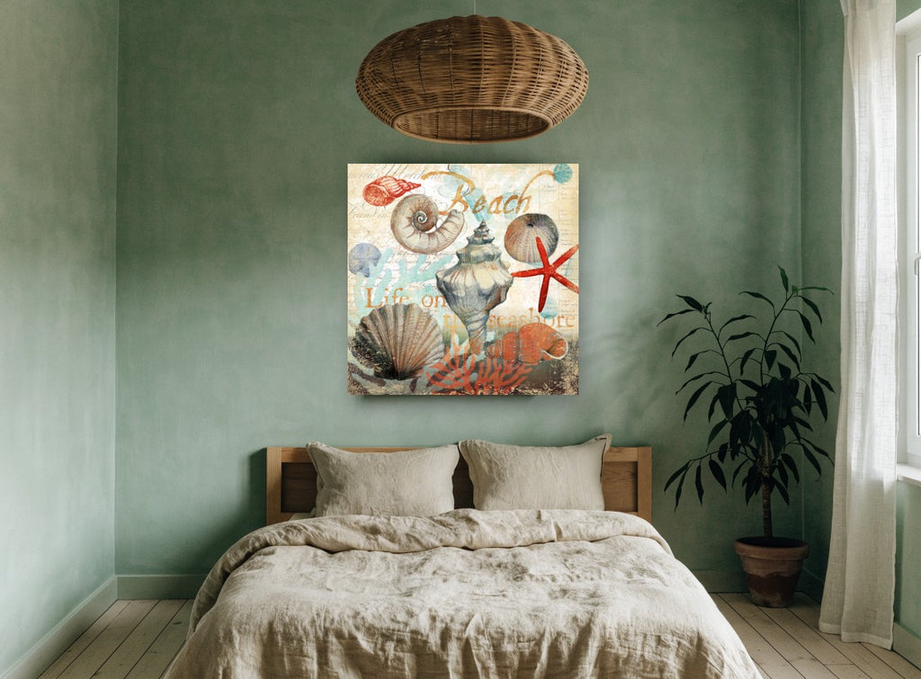 Seashore Shell Collage coastal canvas print on the wall of a bedroom