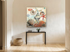 Seashore Shell Collage coastal canvas print on the wall of a hallway