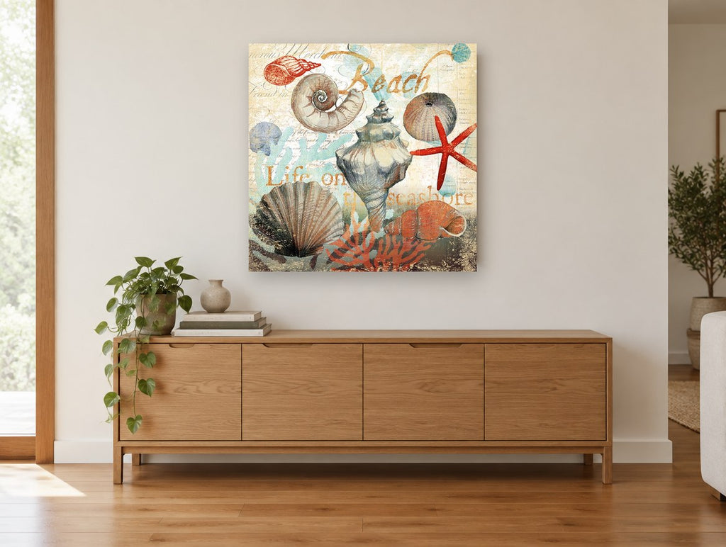 Seashore Shell Collage coastal canvas print on the wall of a living room above a sideboard