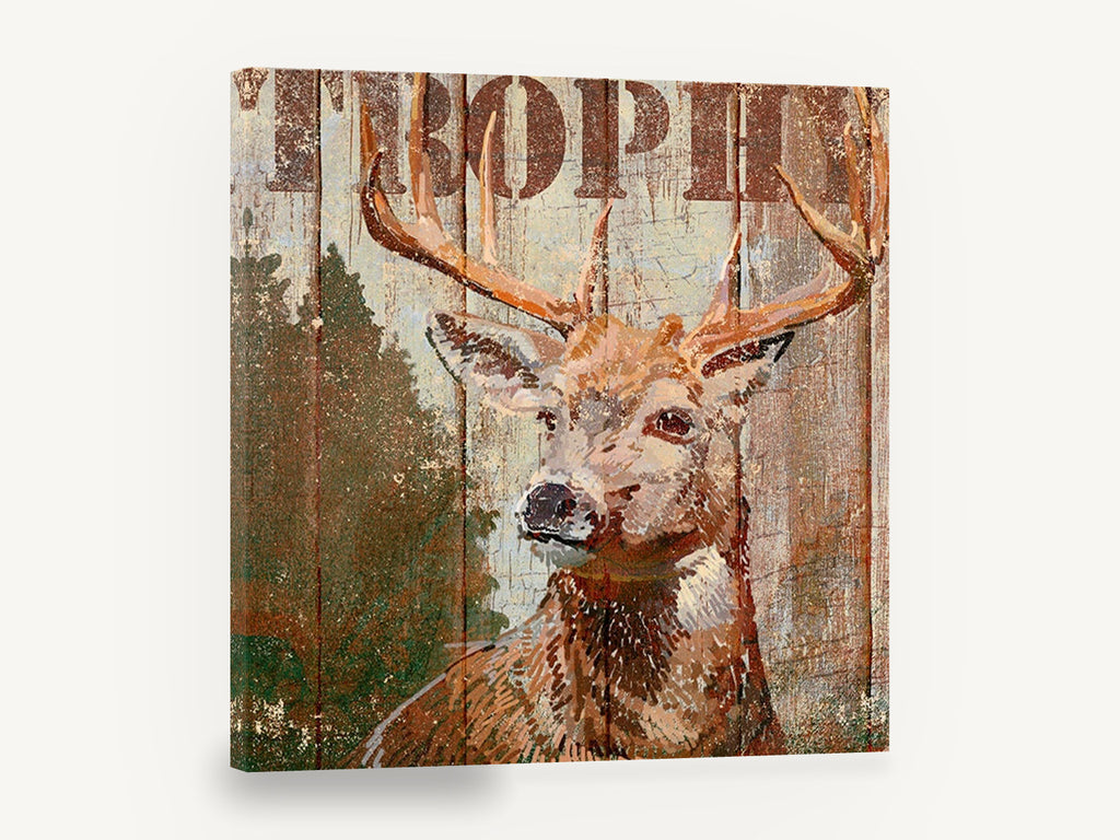 Weathered Plank Stag, rustic stag illustration on timber, animal canvas wall art print ready to hang