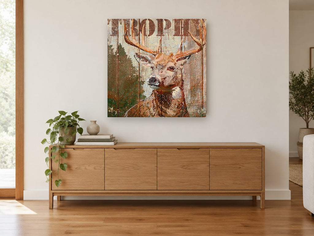 Weathered Plank Stag animal canvas print on the wall of a living room above a sideboard