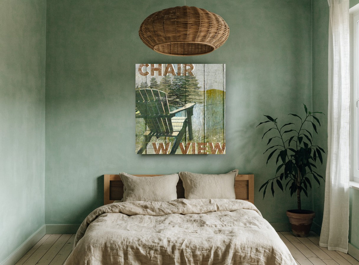 Lakeside Chair Sign landscape canvas print on the wall of a bedroom