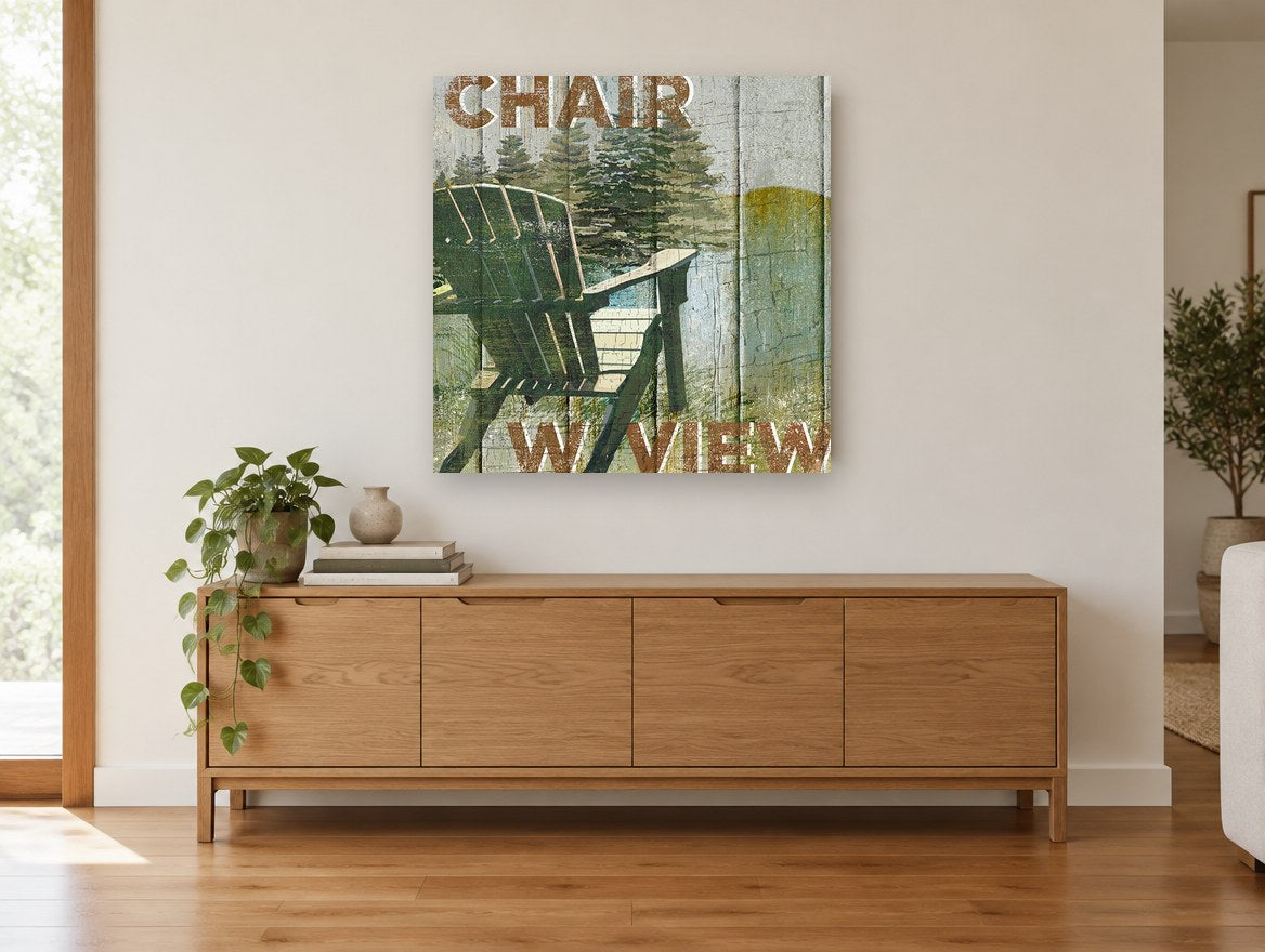 Lakeside Chair Sign landscape canvas print on the wall of a living room above a sideboard