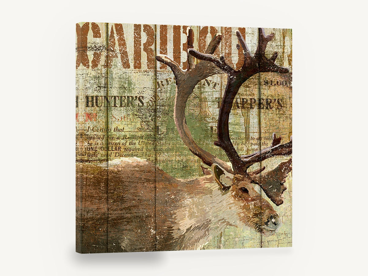 Caribou Hunter's Lodge, rustic caribou typography illustration, animal canvas wall art print ready to hang