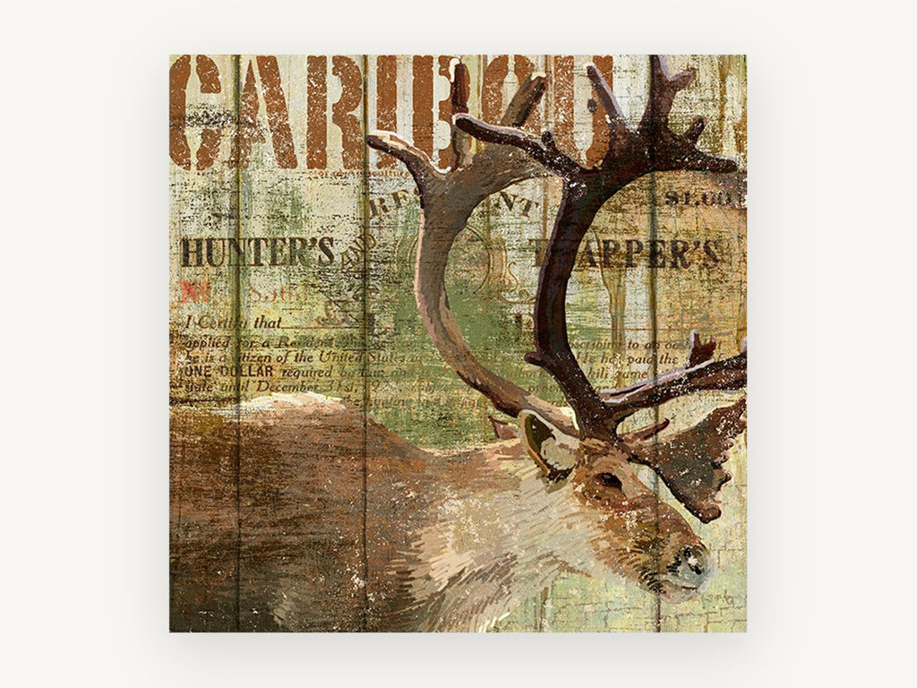 Caribou Hunter's Lodge, rustic caribou typography illustration, animal canvas wall art print, front view