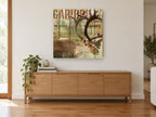Caribou Hunter's Lodge animal canvas print on the wall of a living room above a sideboard