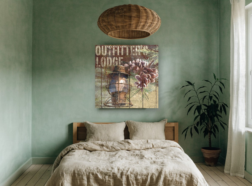 Lantern and Pine Lodge Sign landscape canvas print on the wall of a bedroom