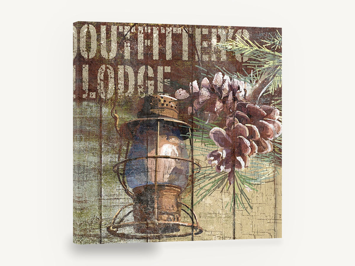 Lantern and Pine Lodge Sign, rustic lodge lantern pine cone, landscape canvas wall art print ready to hang