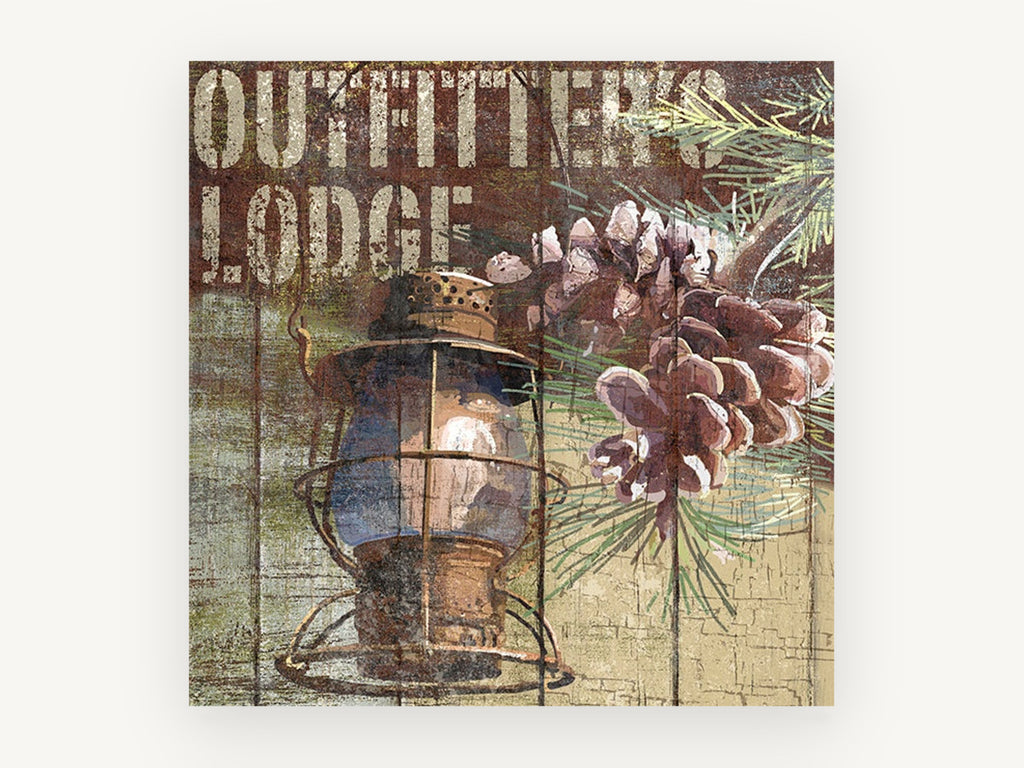 Lantern and Pine Lodge Sign, rustic lodge lantern pine cone, landscape canvas wall art print, front view