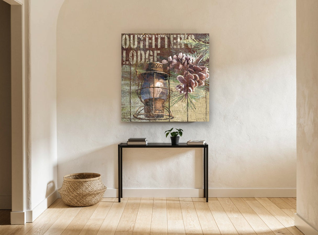 Lantern and Pine Lodge Sign landscape canvas print on the wall of a hallway