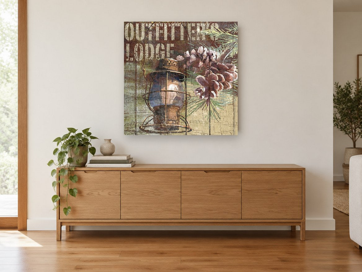 Lantern and Pine Lodge Sign landscape canvas print on the wall of a living room above a sideboard