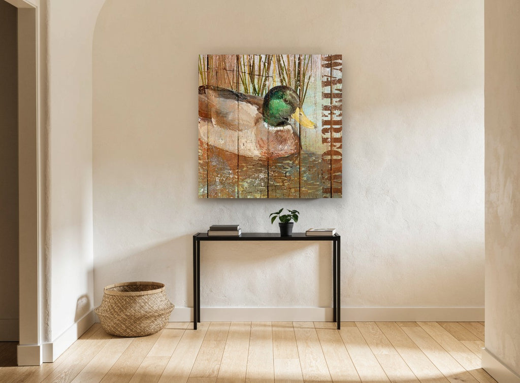 Mallard on Weathered Boards animal canvas print on the wall of a hallway