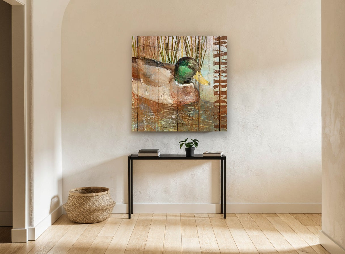 Mallard on Weathered Boards animal canvas print on the wall of a hallway