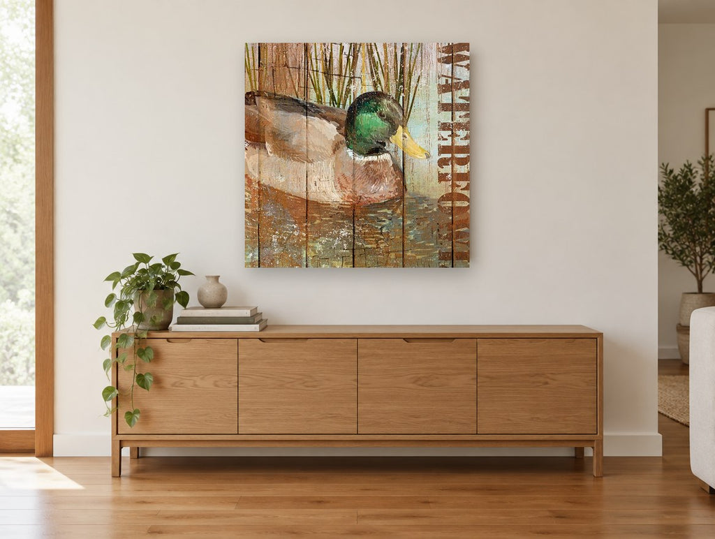 Mallard on Weathered Boards animal canvas print on the wall of a living room above a sideboard