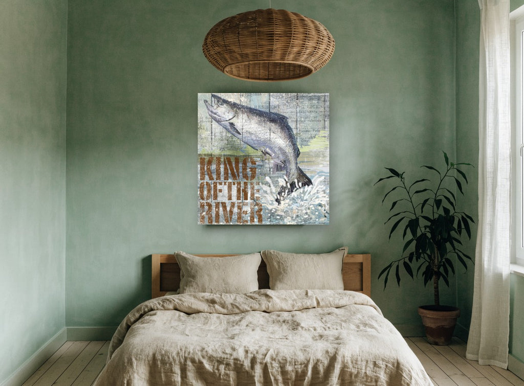 King of the River Salmon animal canvas print on the wall of a bedroom