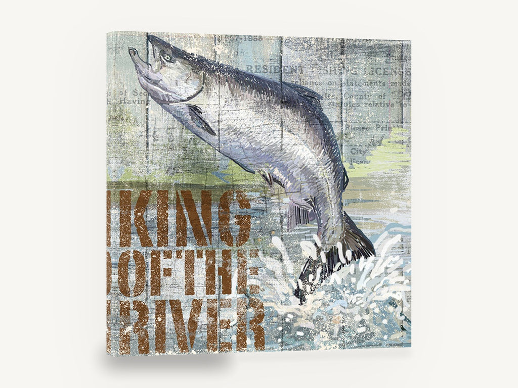 King of the River Salmon, leaping salmon vintage typography illustration, animal canvas wall art print ready to hang
