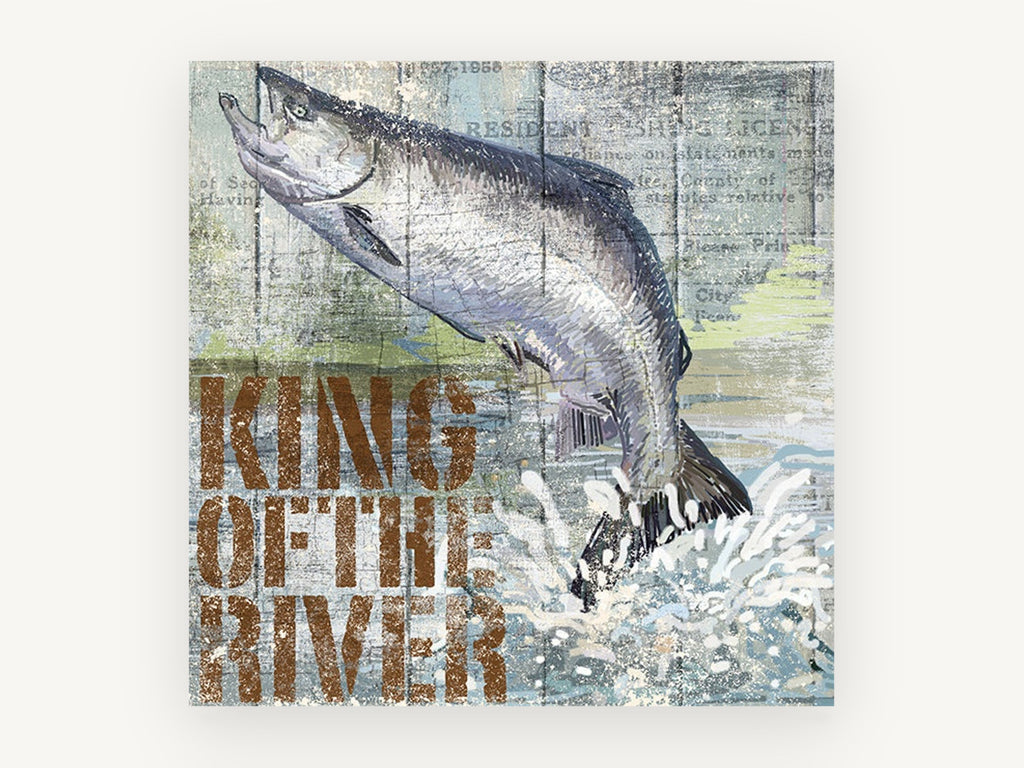 King of the River Salmon, leaping salmon vintage typography illustration, animal canvas wall art print, front view