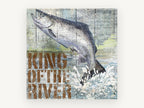 King of the River Salmon, leaping salmon vintage typography illustration, animal canvas wall art print, front view