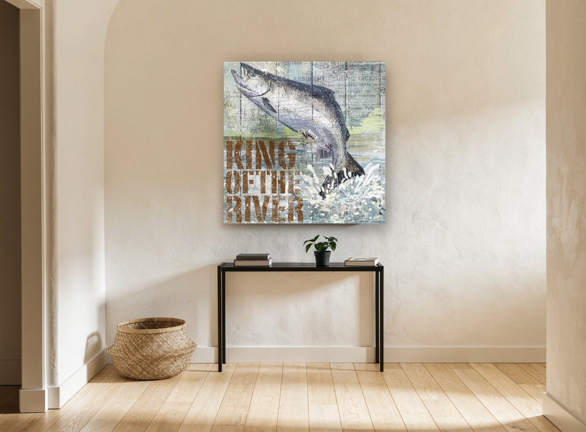 King of the River Salmon animal canvas print on the wall of a hallway