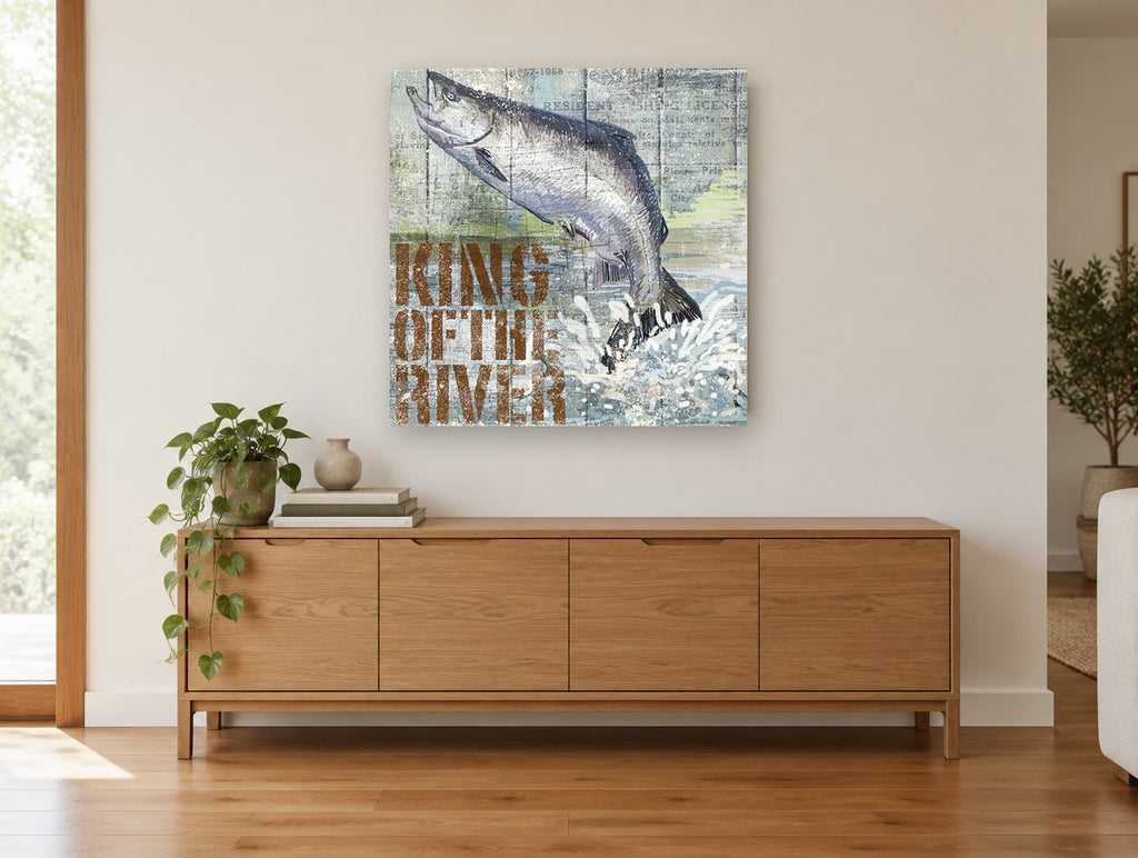 King of the River Salmon animal canvas print on the wall of a living room above a sideboard