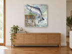 King of the River Salmon animal canvas print on the wall of a living room above a sideboard
