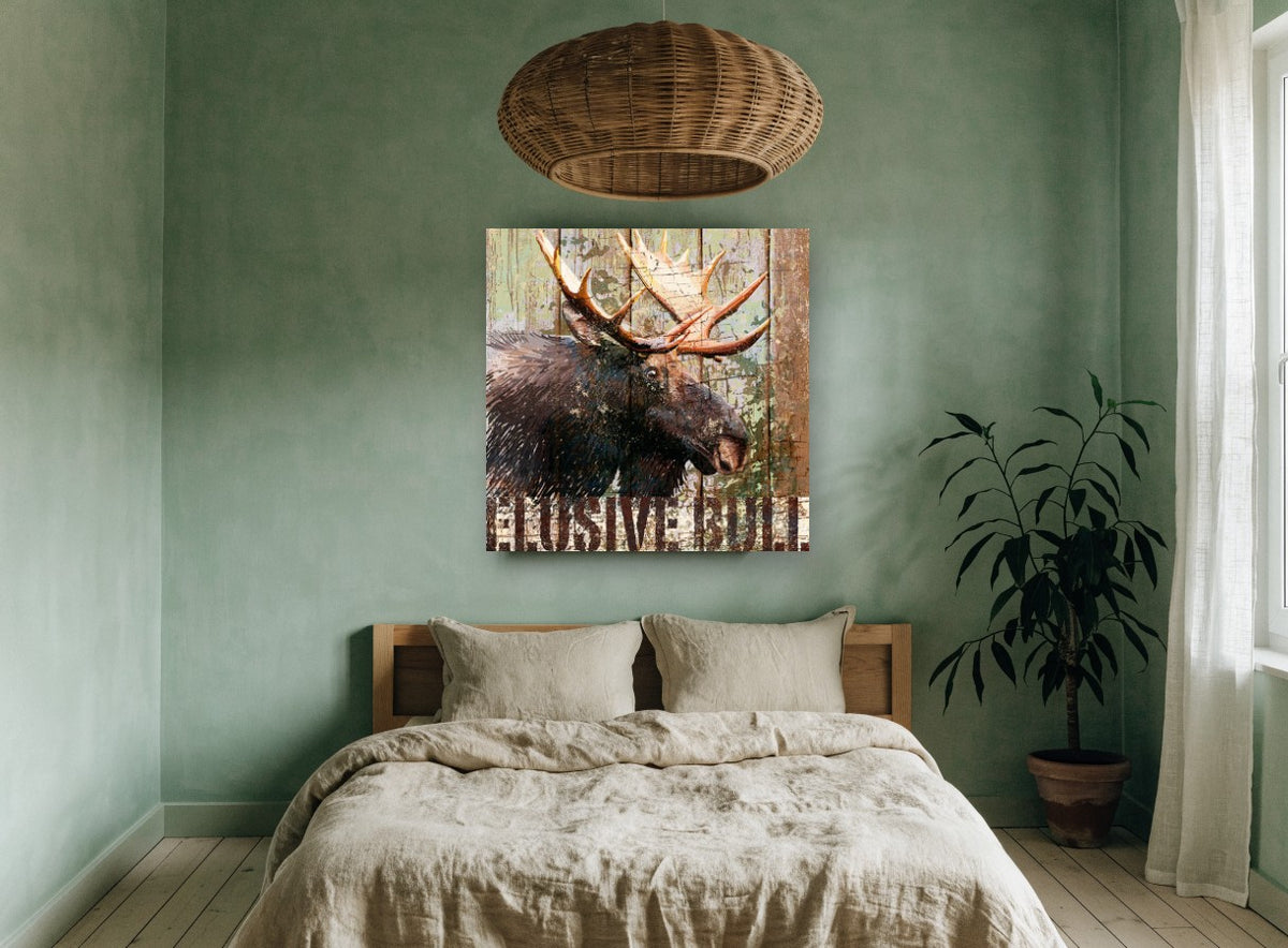 Weathered Timber Moose animal canvas print on the wall of a bedroom