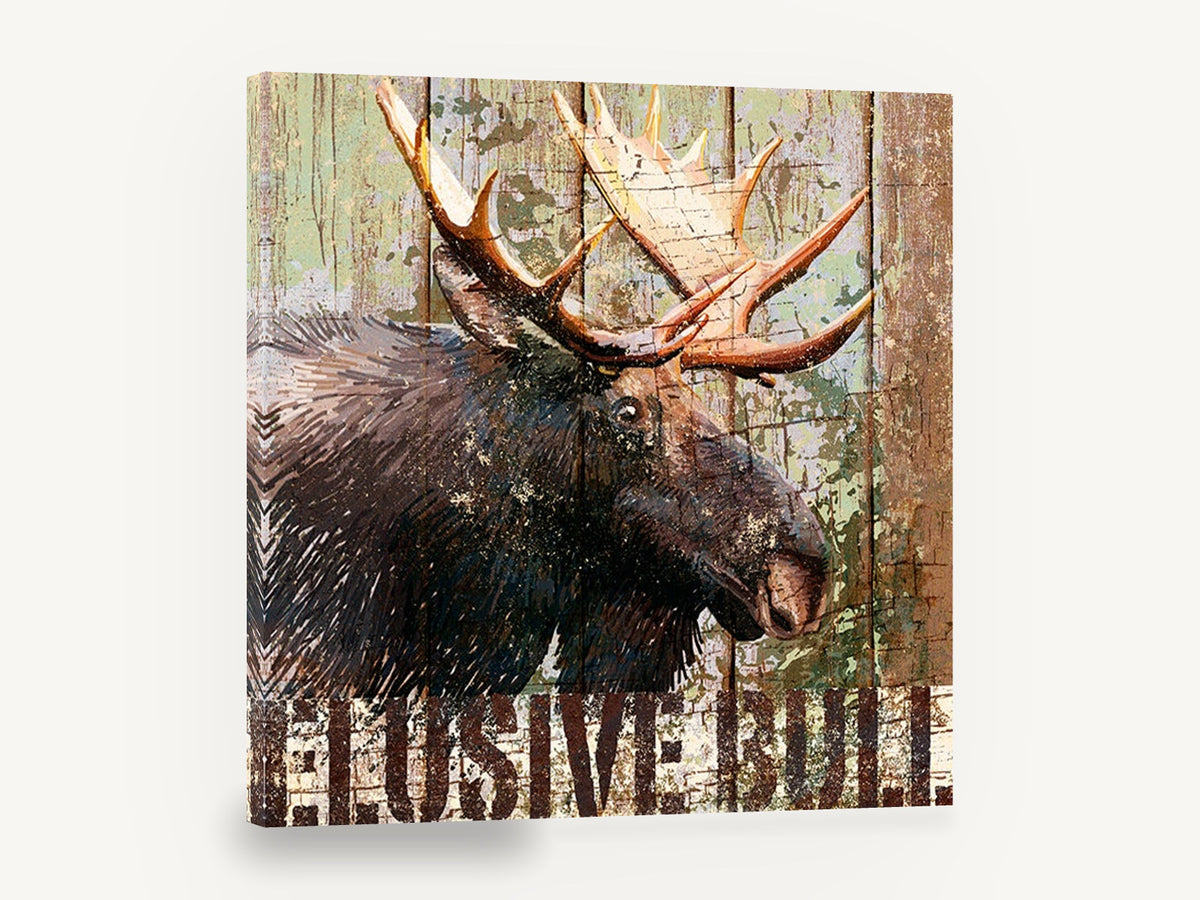 Weathered Timber Moose, rustic moose illustration on timber, animal canvas wall art print ready to hang